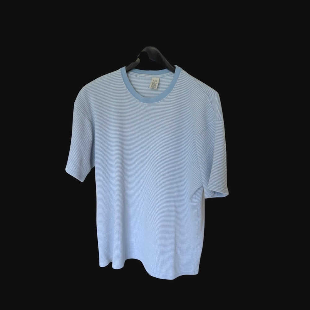 Vintage GAP Y2K XL Waffle Knit T-Shirt Blue White Stripe Thermal Short Sleeve